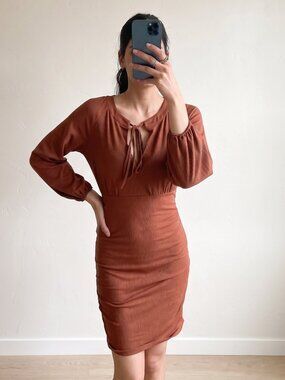 Brown Ruched Bodycon Dress | Long Sleeve | Tie Neck Detail | Shein